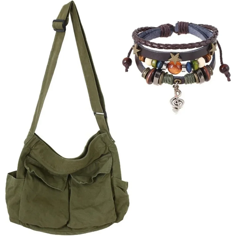 Canvas Messenger Bag Unisex Large Travel Crossbody with Fairy Grunge Bracelet